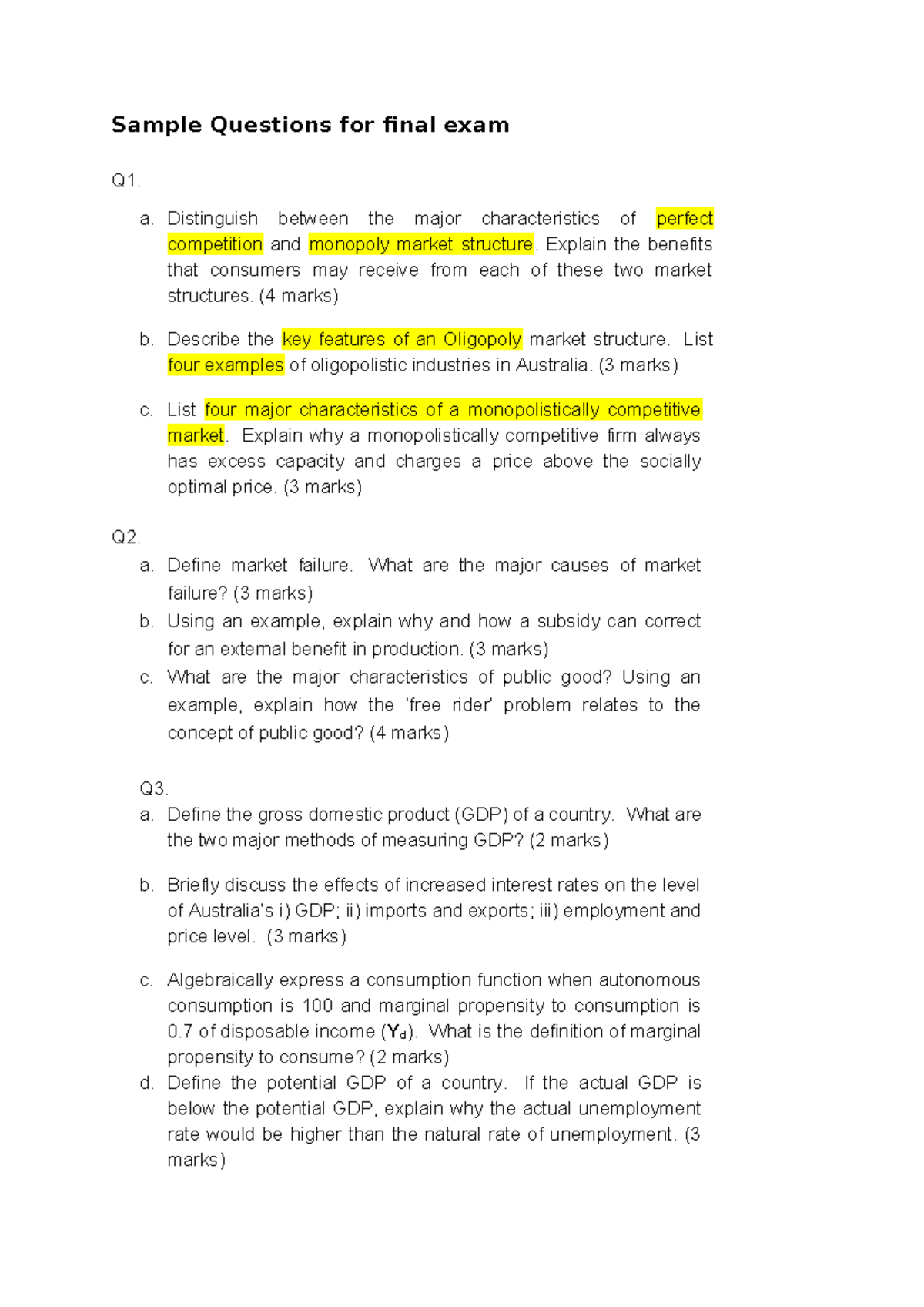 Final Exam Sample Questions: Market Structures & Economic Concepts ...