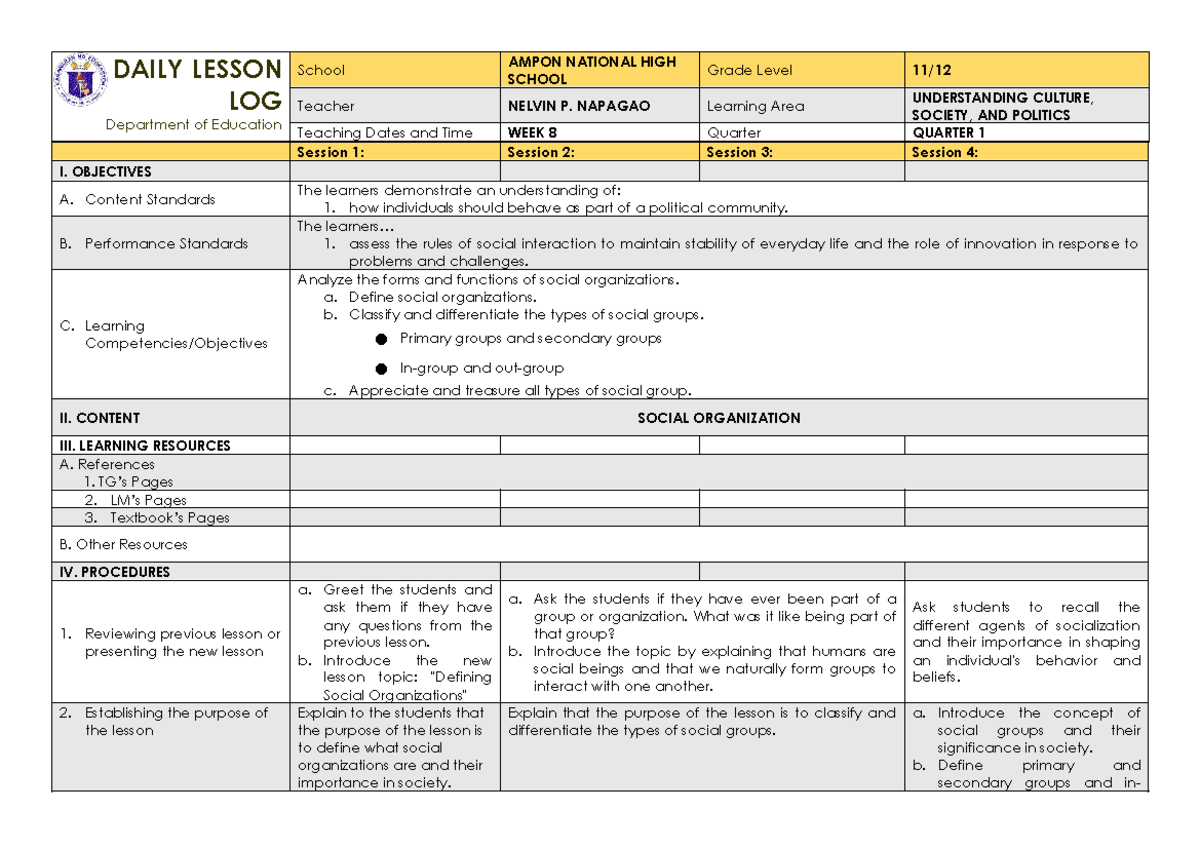 UCSP Q1 WEEK8 - Culture and Society - DAILY LESSON LOG Department of ...
