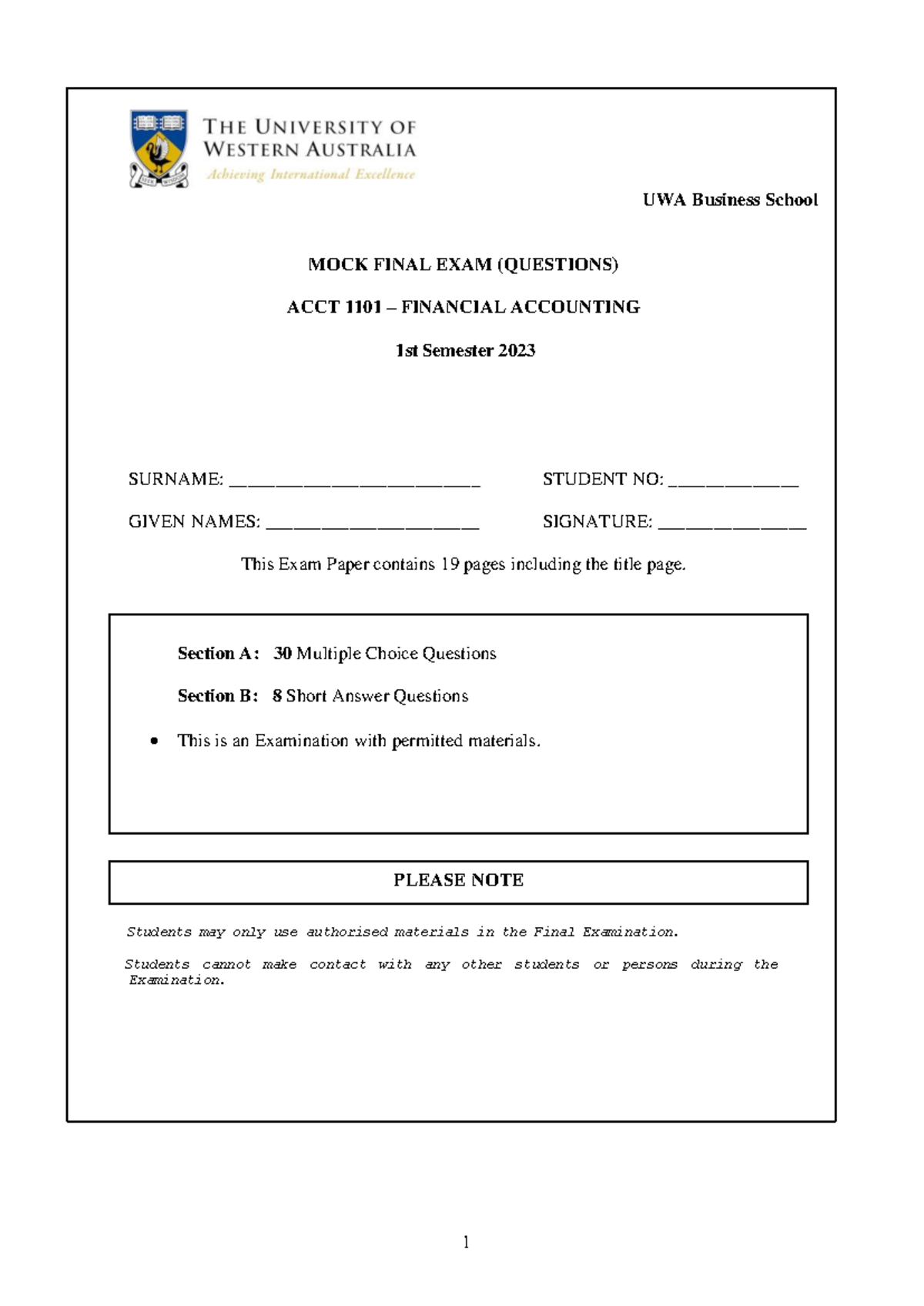 ACCT1101 Mock Final Exam Semester 1 - Revision Questions & Answers ...