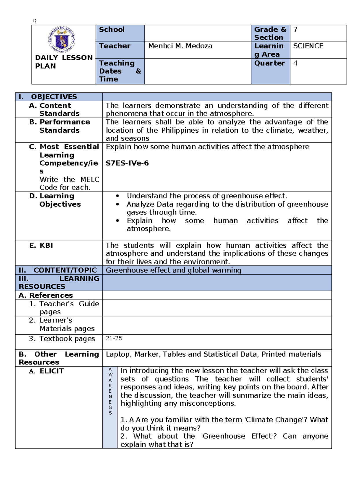 7ES-LP-IN- Science - Daily Lesson Plan on Greenhouse Effect & Climate ...