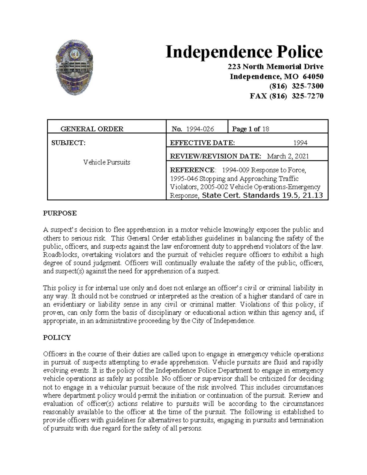 Independence Police Department General Order on Vehicle Pursuits 1994 ...