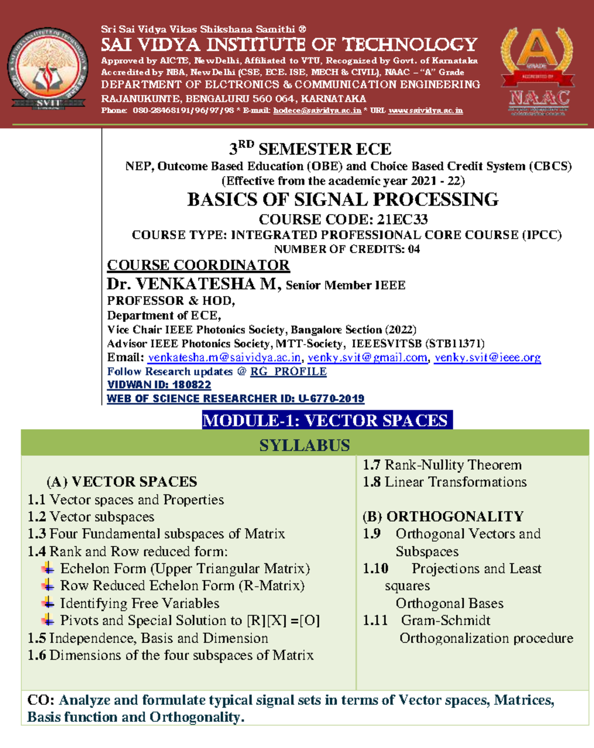 21EC33 Module 1: Vector Spaces and Signal Processing Notes - Studocu