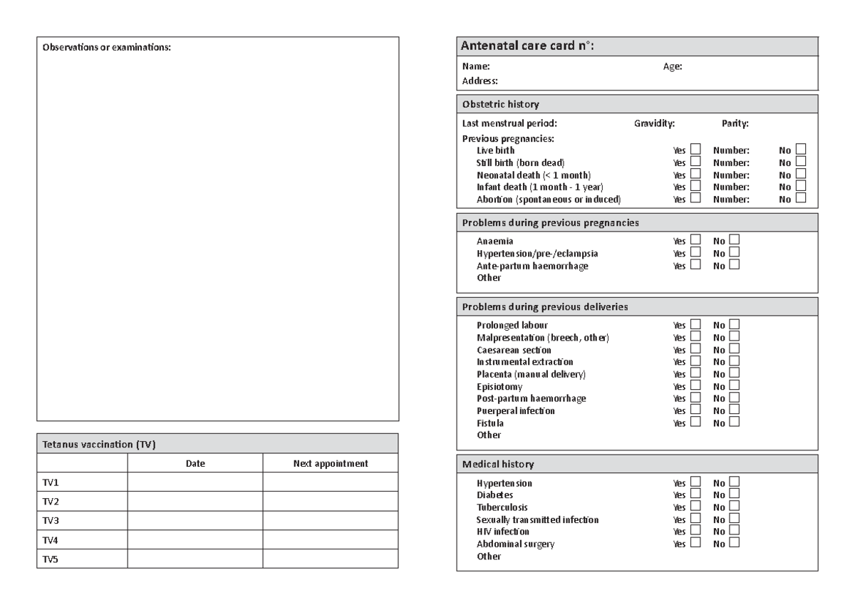 Antenatal Care Card - Document for ABC Course - Studocu