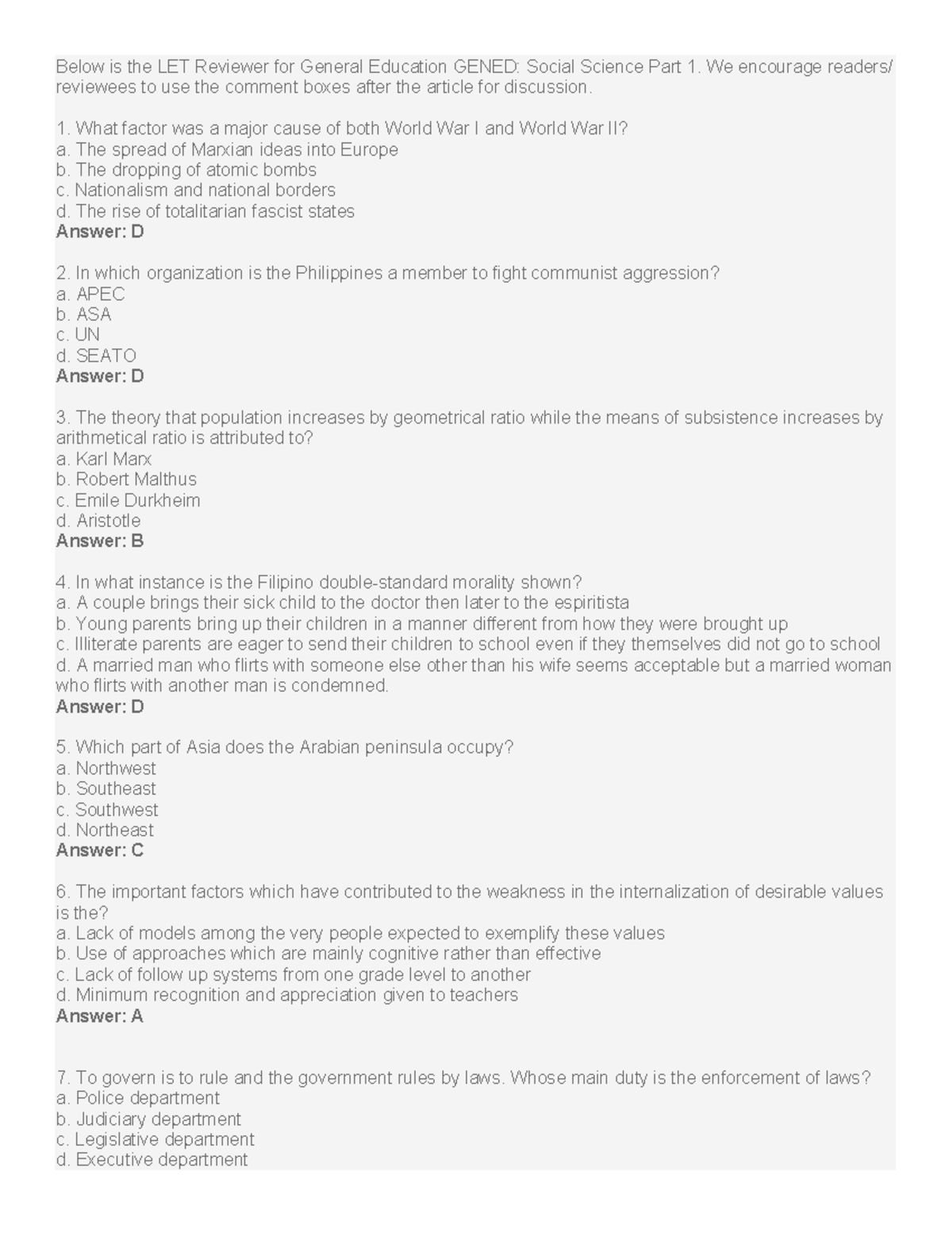 LET SOC SCI Social Sciences - Below is the LET Reviewer for General ...
