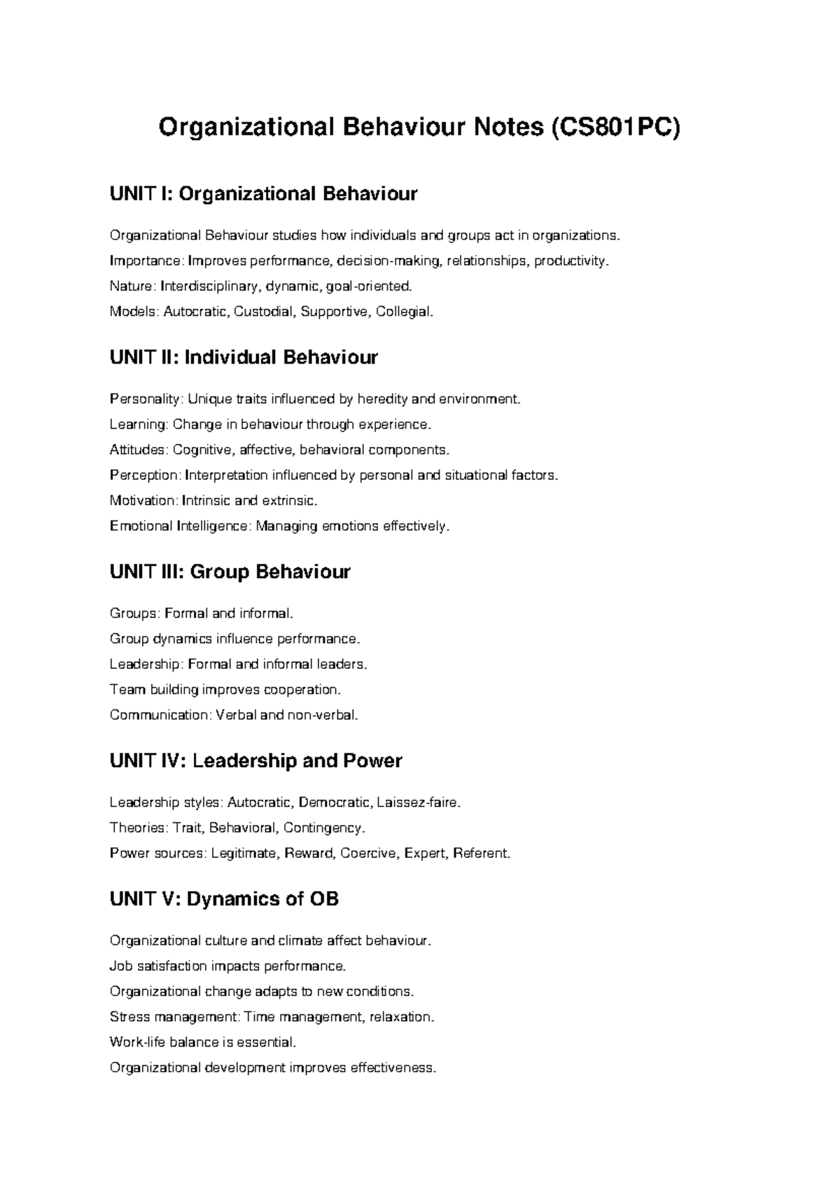 Organizational Behaviour Notes (CS801PC) - Comprehensive Overview - Document Preview