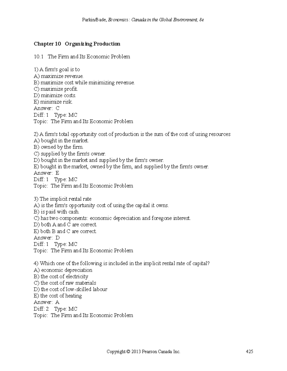 ECON Test Bank ch10 - Chapter 10 Organizing Production 10 The Firm and ...