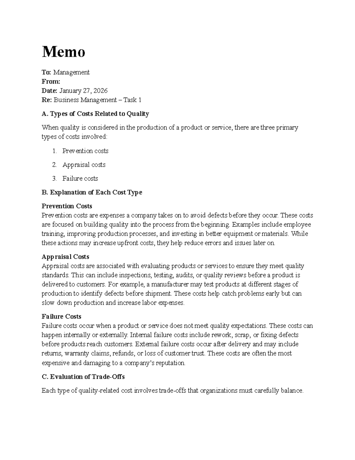 AVM1 Task 1 - Understanding Cost-Quality Relationship in Business - Studocu