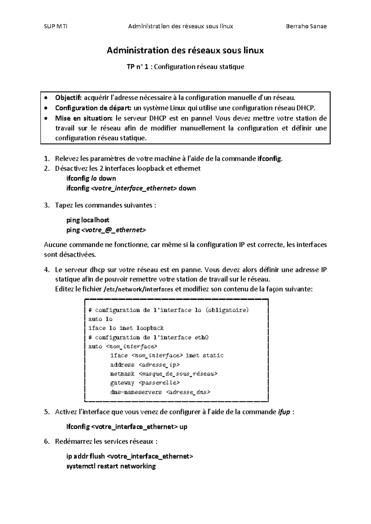 TP1 - Configuration Réseau Statique sous Linux - Studocu