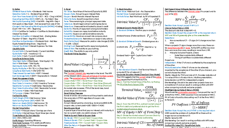 Cheatsheet for Financial Ratios and Capital Budgeting (FIN 101) - Studocu