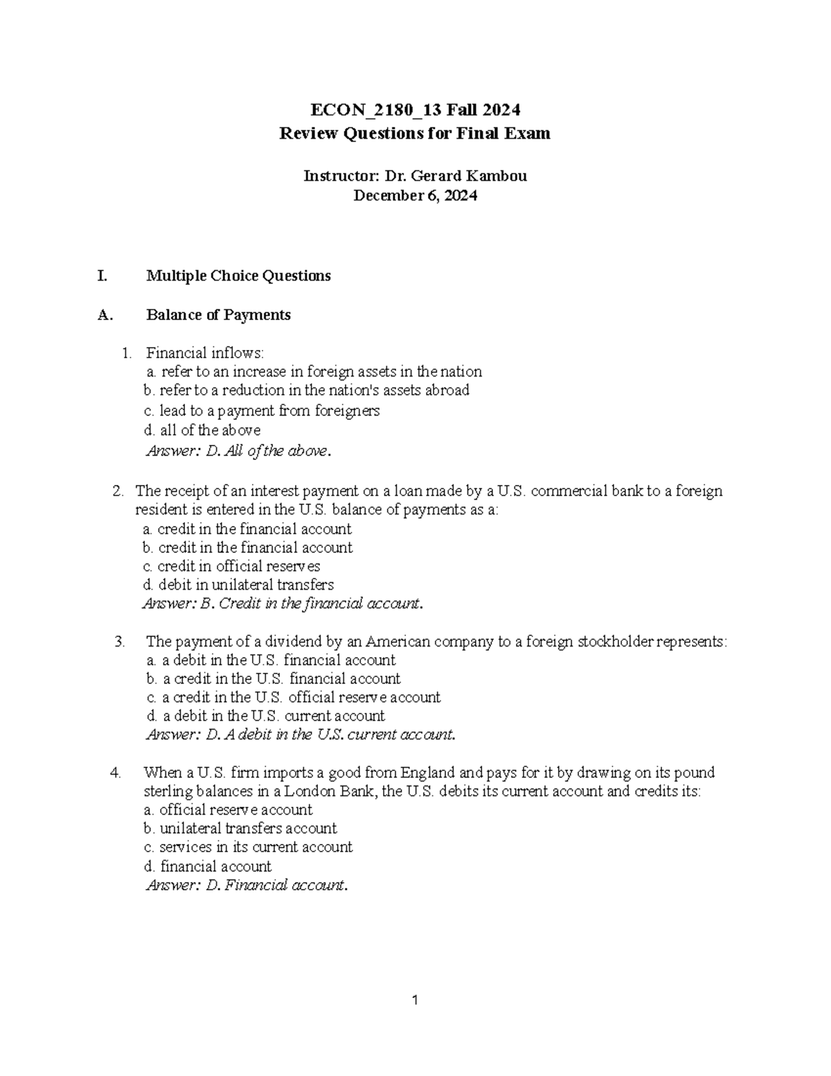 ECON_2180_13 Fall 2024 Comprehensive Final Exam Review Questions - Studocu