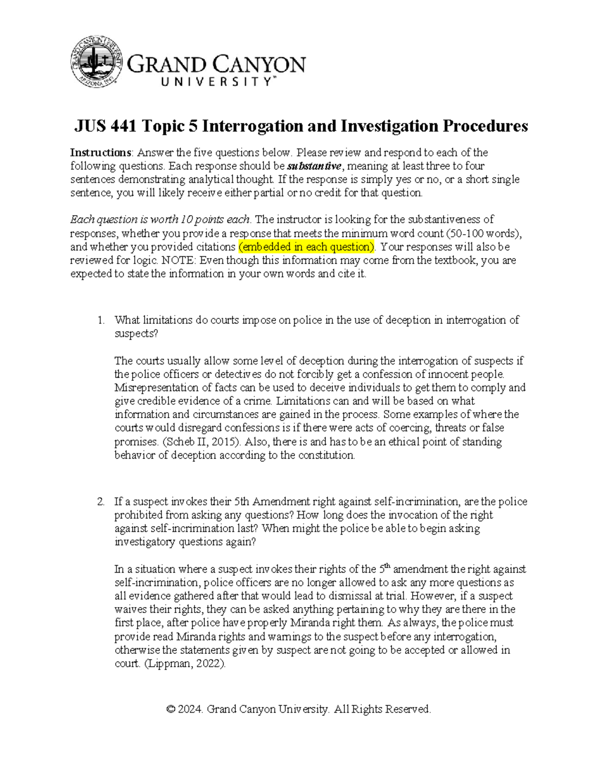 JUS 441 T5 Interrogation and Investigation Procedures Response Guide ...