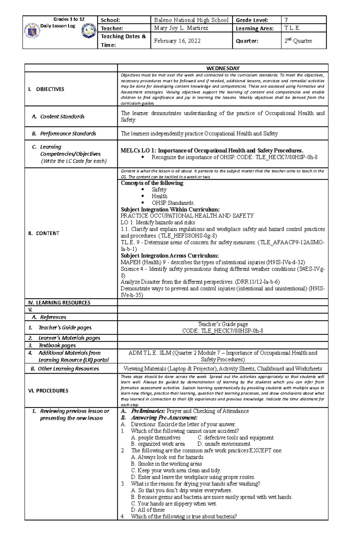 TLE 7 CO 1 Lesson Plan: Importance of Occupational Safety Practices ...