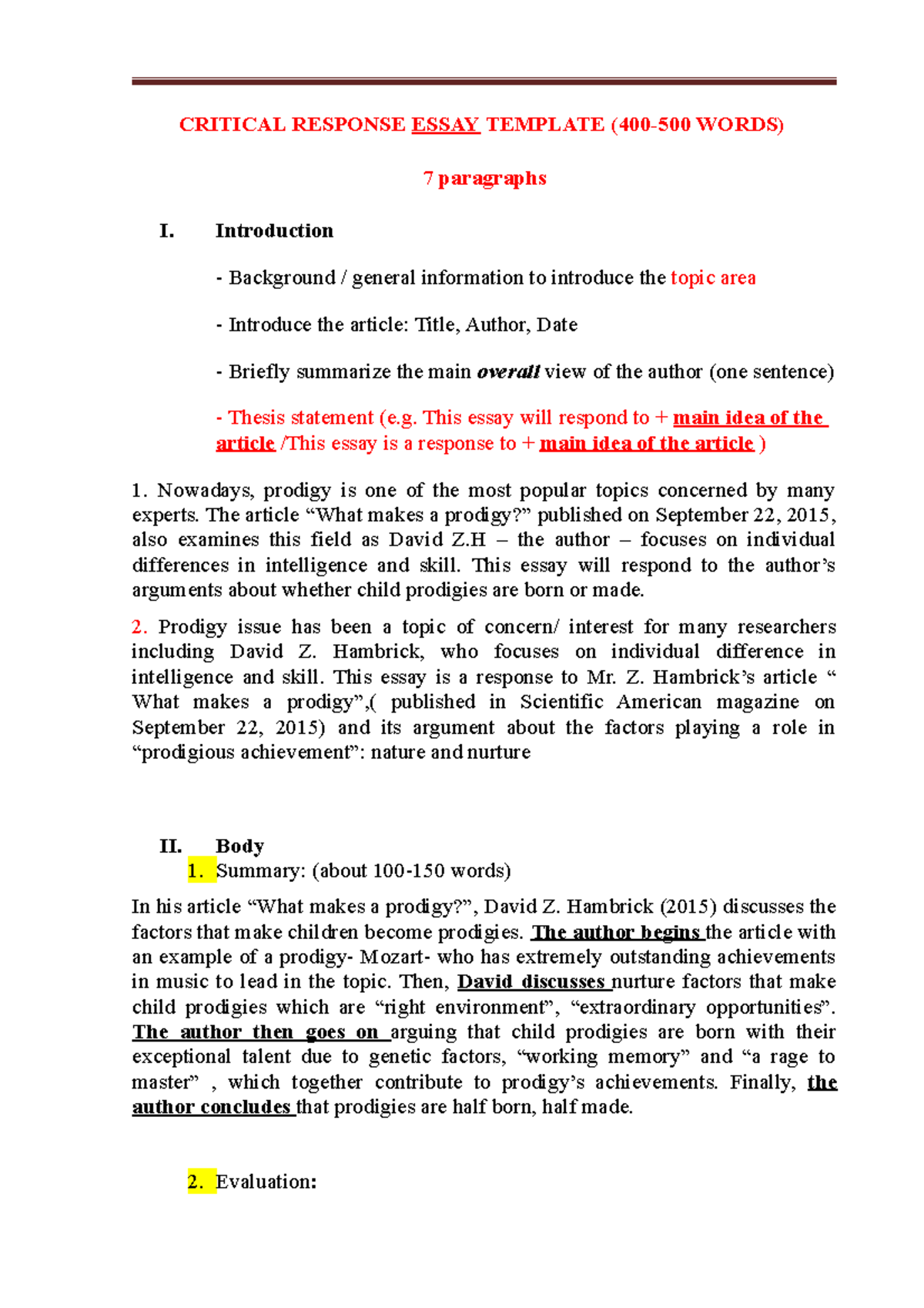 Critical Response Essay Template - Prodigies (ENG 101) - Studocu