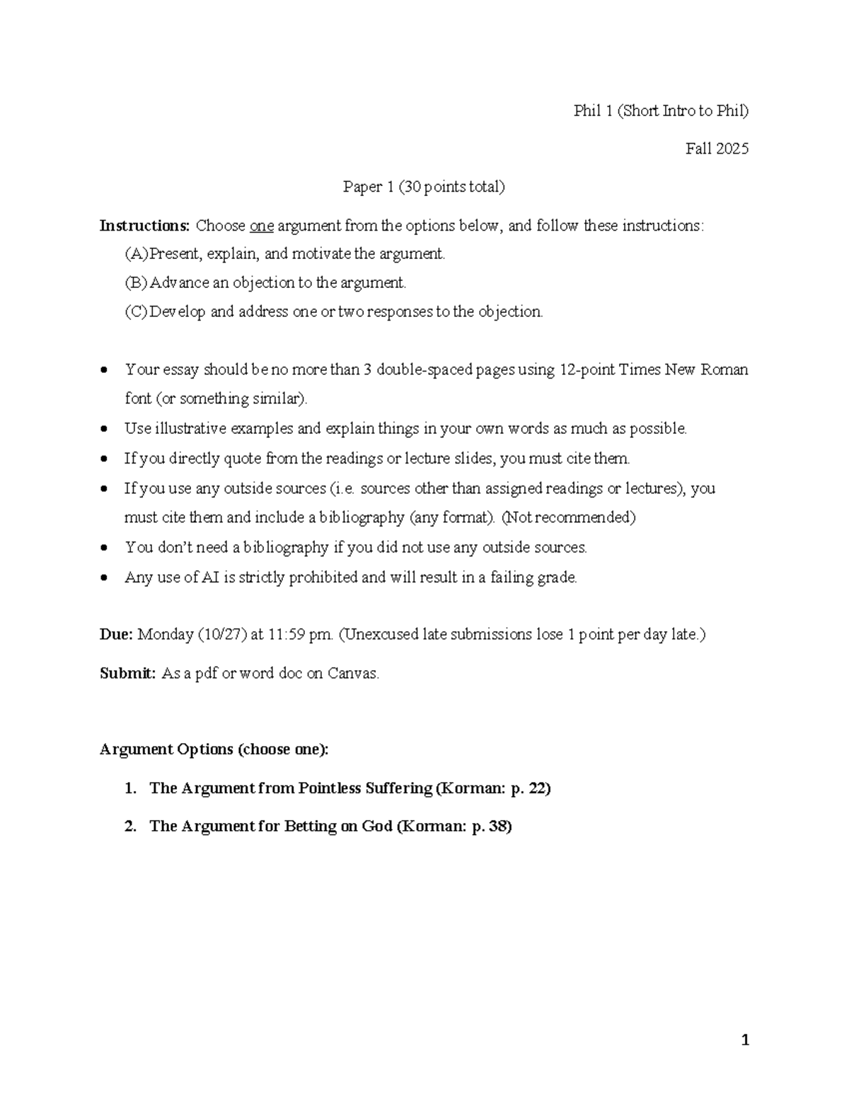 Phil 1 F25: Paper 1 Guidelines and Argument Options - Studocu