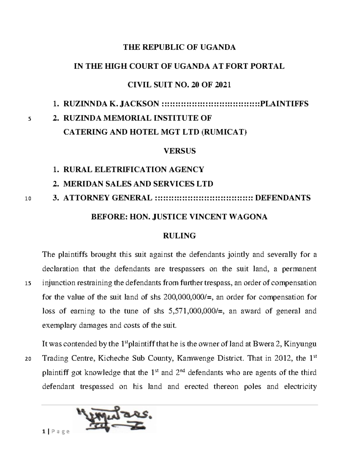 Ruzinnda & Another v Rural Electrification Agency: Civil Suit No. 20/ ...