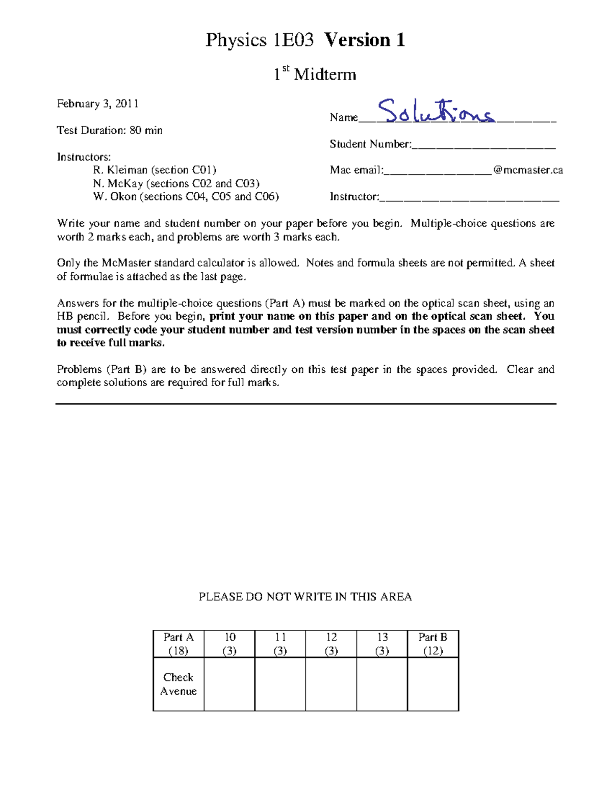 Physics 1E03 1st Midterm Solutions - February 3, 2011 - Studocu