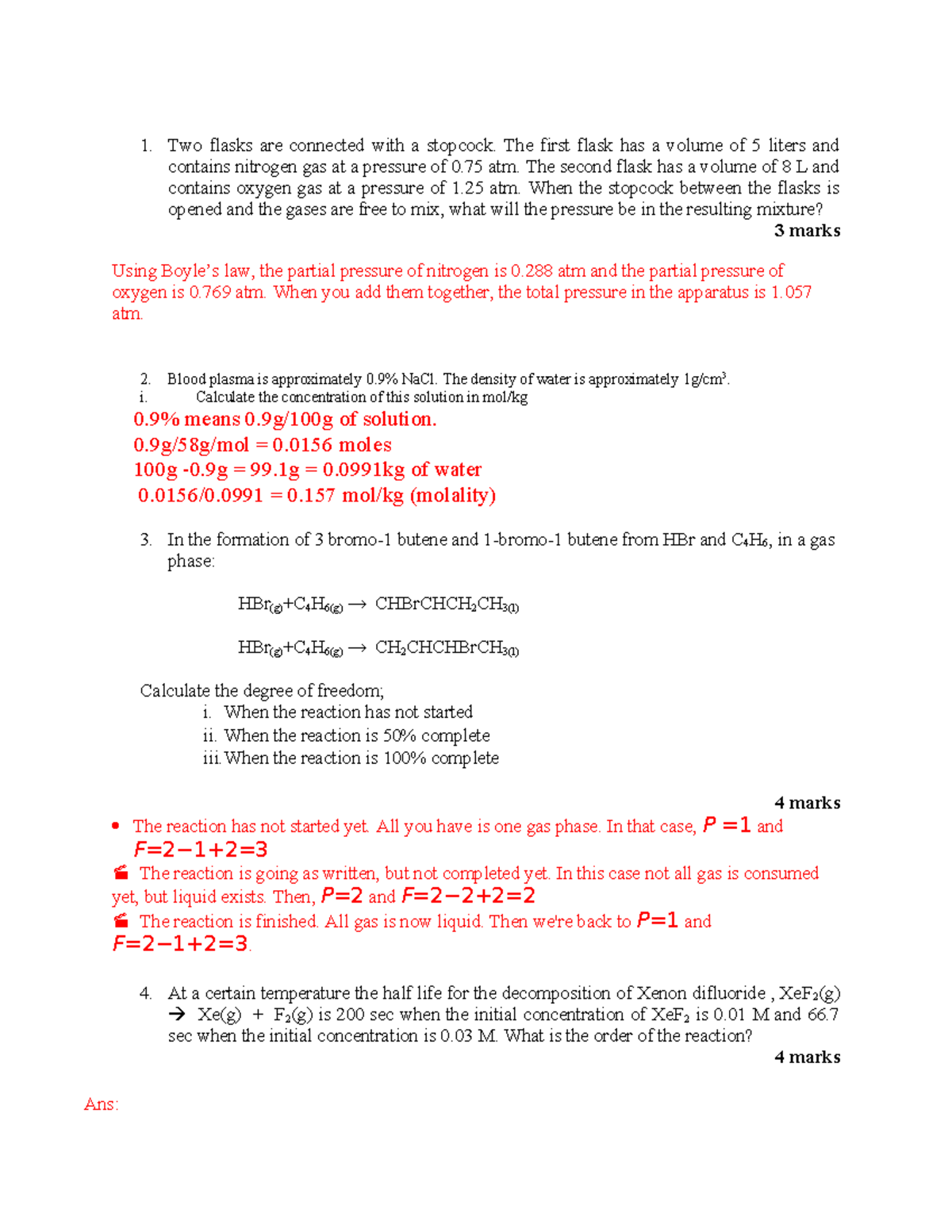 TT2 Short Test Papers for CH205: Gas Laws, Reaction Orders & Membrane ...