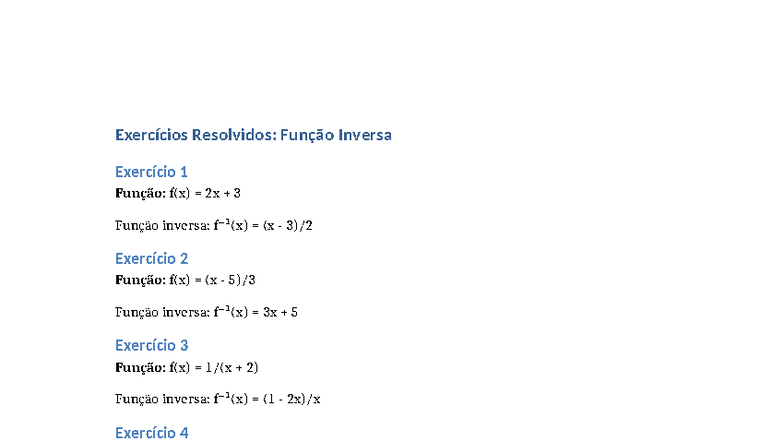 Exercicios Funcao Inversa - Exercícios Resolvidos: Função Inversa ...