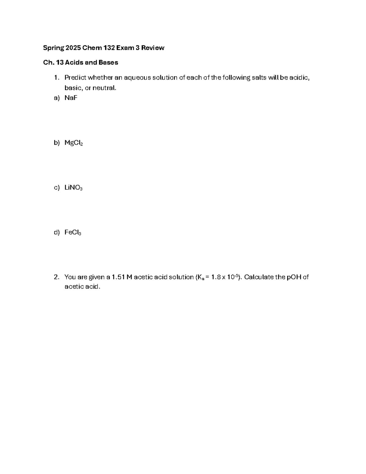 Spring 2025 Chem 132 Exam 3 Review: Acids, Bases, and Equilibria ...