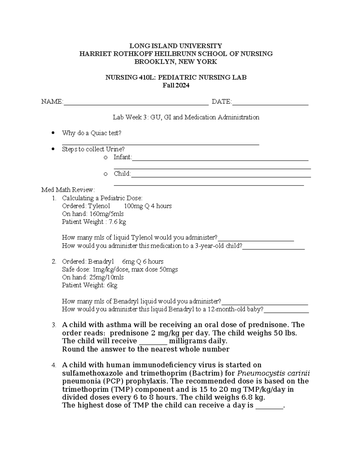 NURS 410L: Pediatric Nursing Lab Sheet 3 - Fall 2024 Details - Studocu
