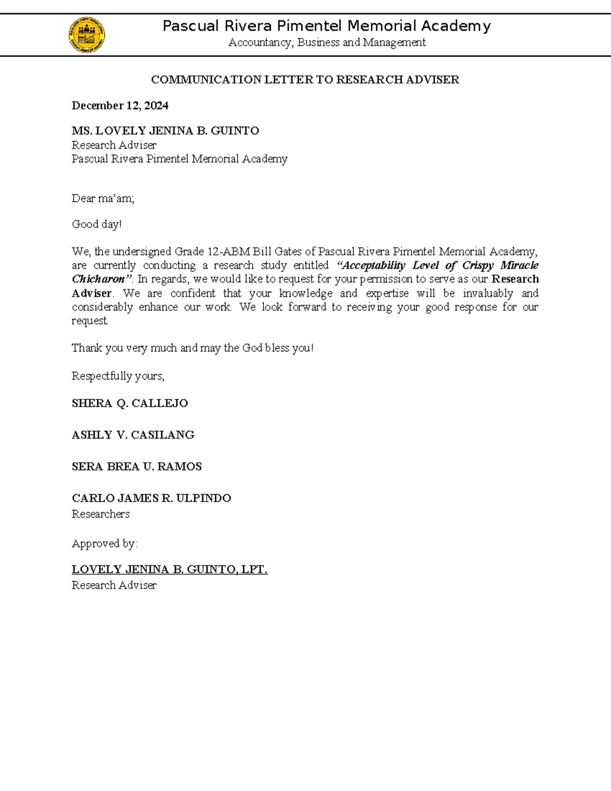 Communication Letter TO Research Adviser - Accountancy, Business and ...