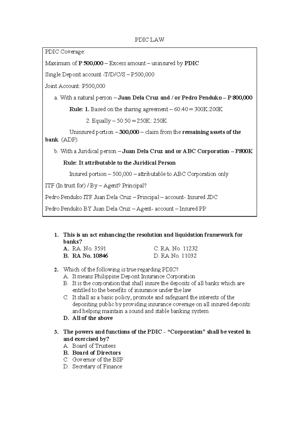 PDIC LAW - MCQ Study Guide with Answers for EXAM Preparation - Studocu
