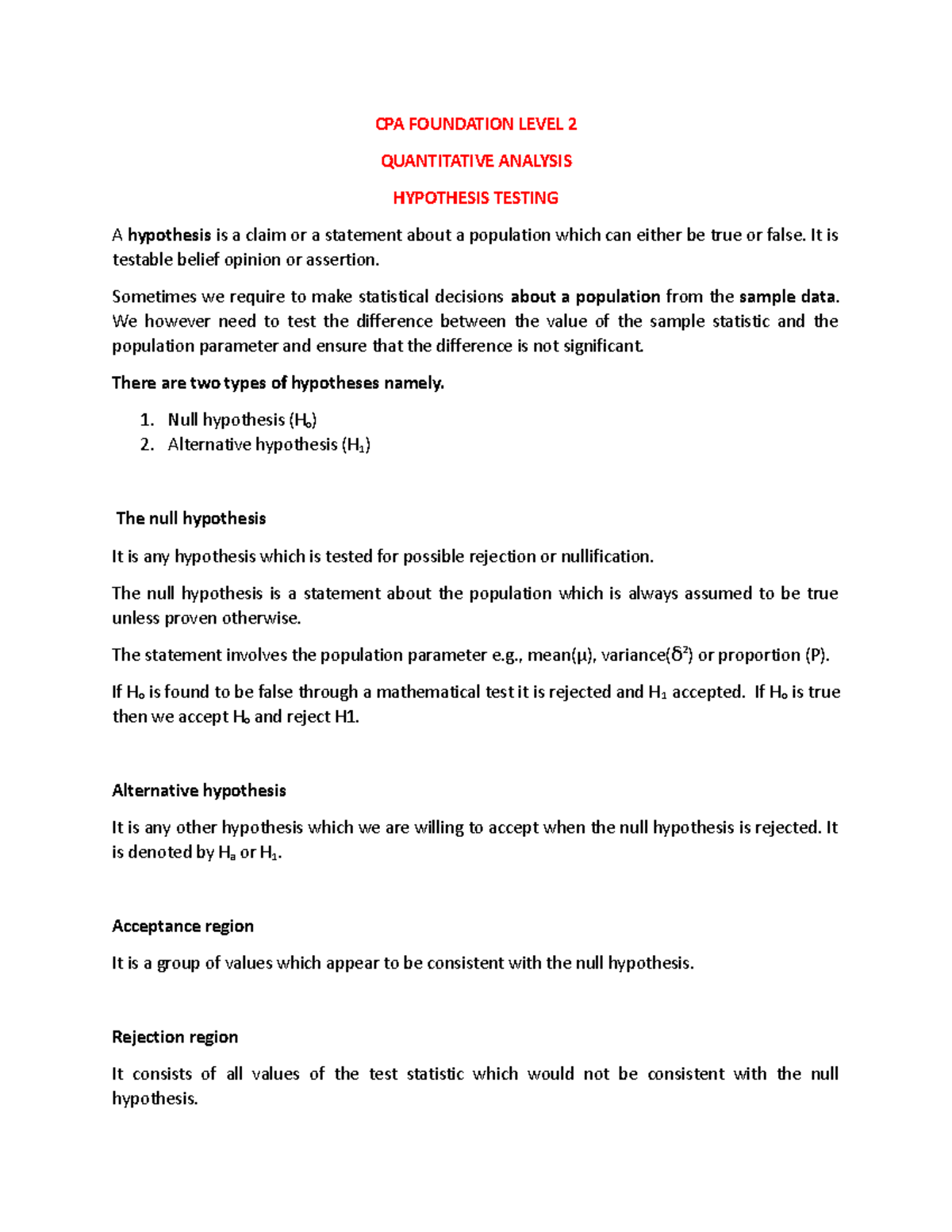 Hypothesis Testing in Quantitative Analysis - CPA FOUNDATION LEVEL 2 ...