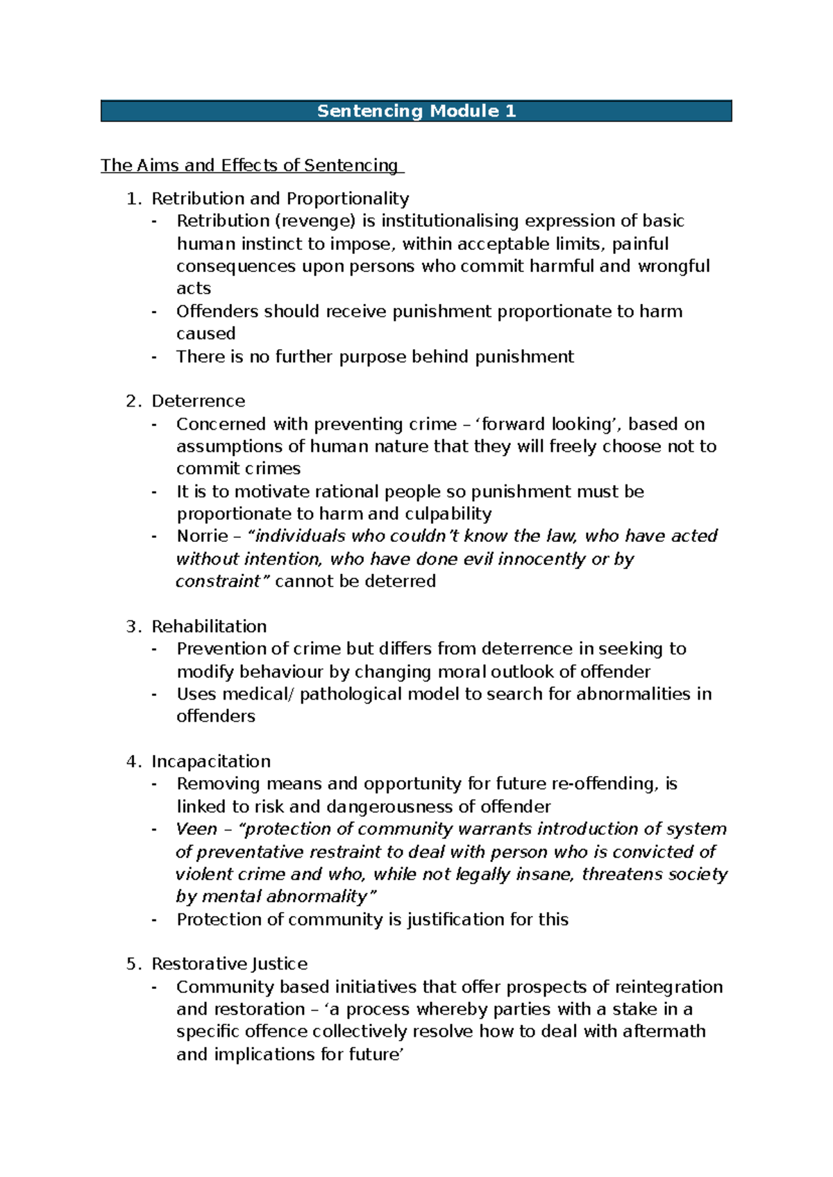 Sentencing Notes - Sentencing Module 1 The Aims and Effects of ...