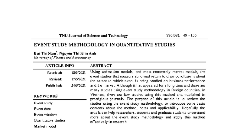 Event Study Methodology in Quantitative Research (TNU 226) - Studocu