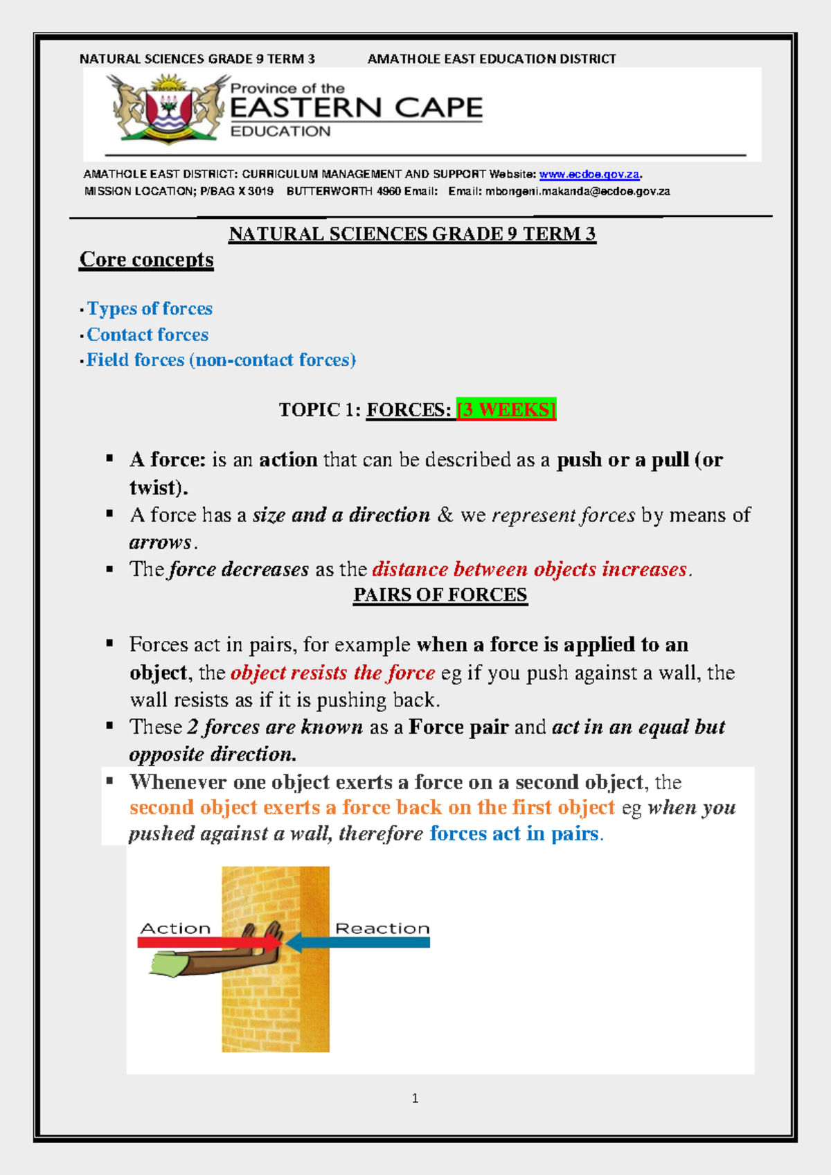 NATURAL SCIENCES GRADE 9 TERM 3 FORCES AND ELECTRICITY STUDY NOTES ...