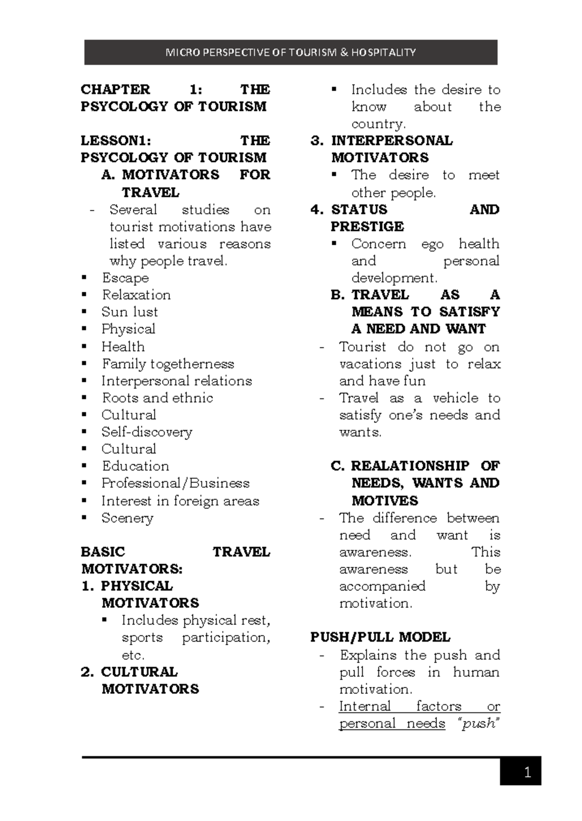 MICRO PERSPECTIVE OF TOURISM HOSPITALITY: CHAPTER 1-5 OVERVIEW - Studocu