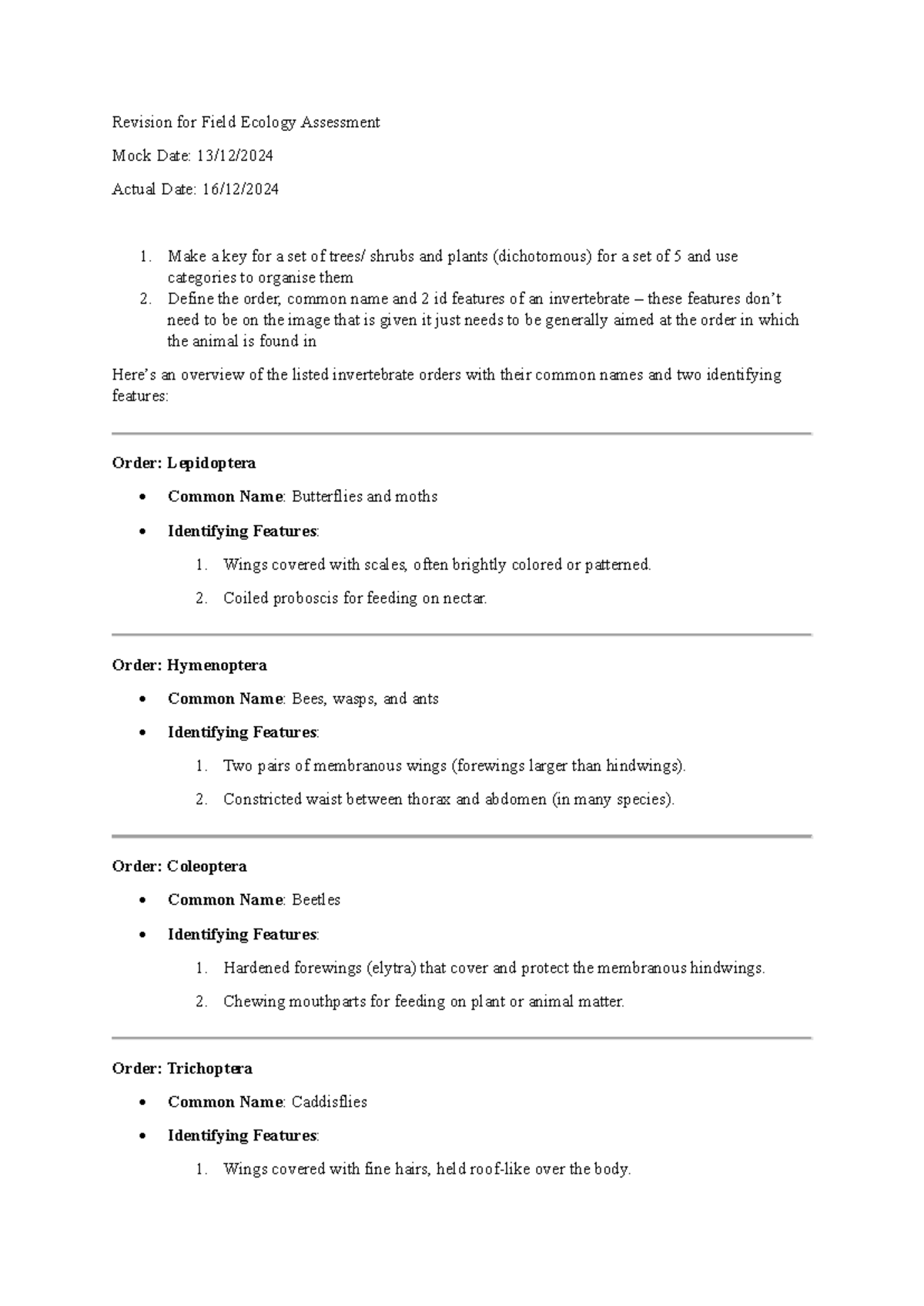 Final Exam Study Guide - Course Code XXX - Revision for Field Ecology ...