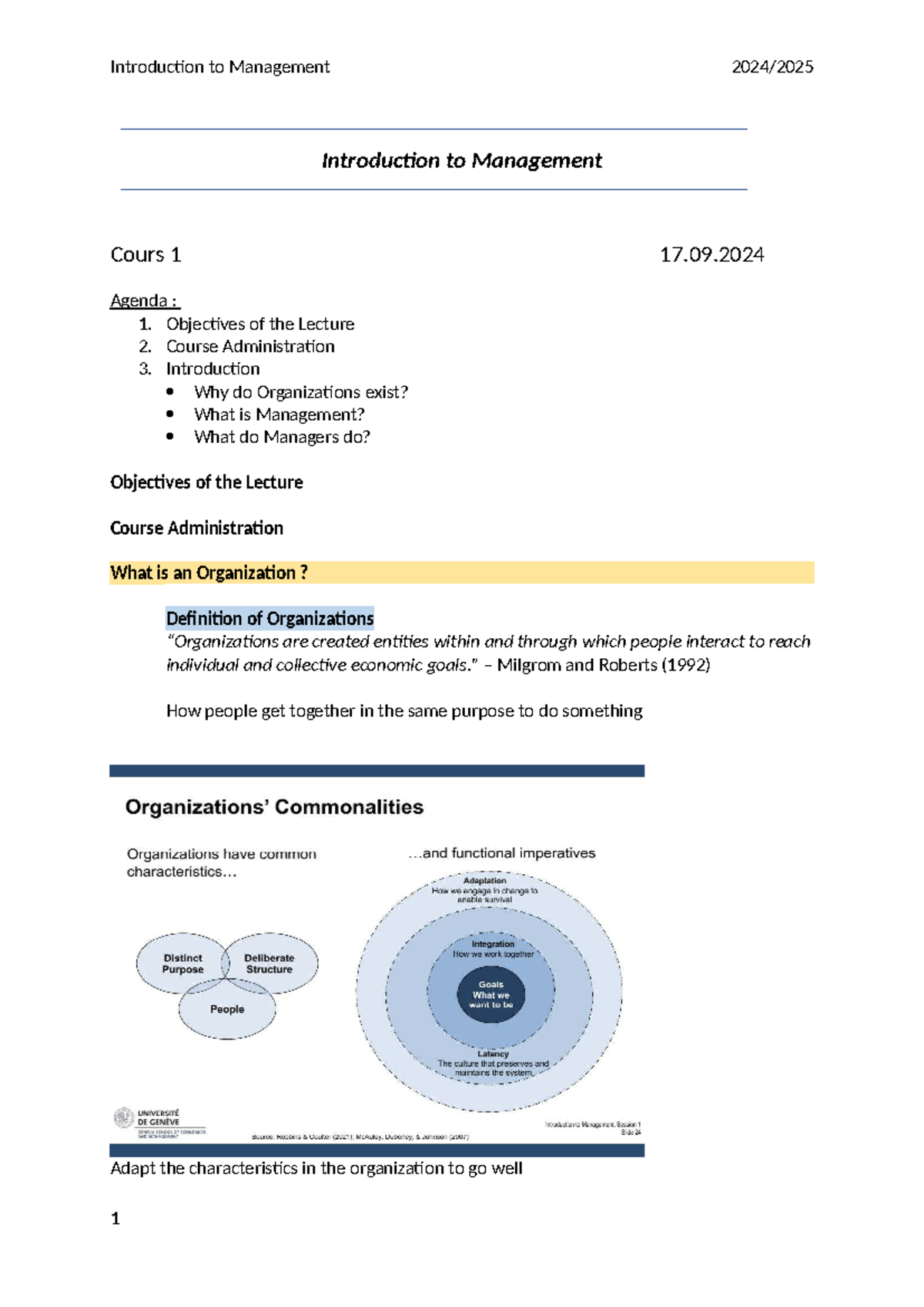 Cours 1 - Intro to Management Lecture Notes and Agenda - Studocu