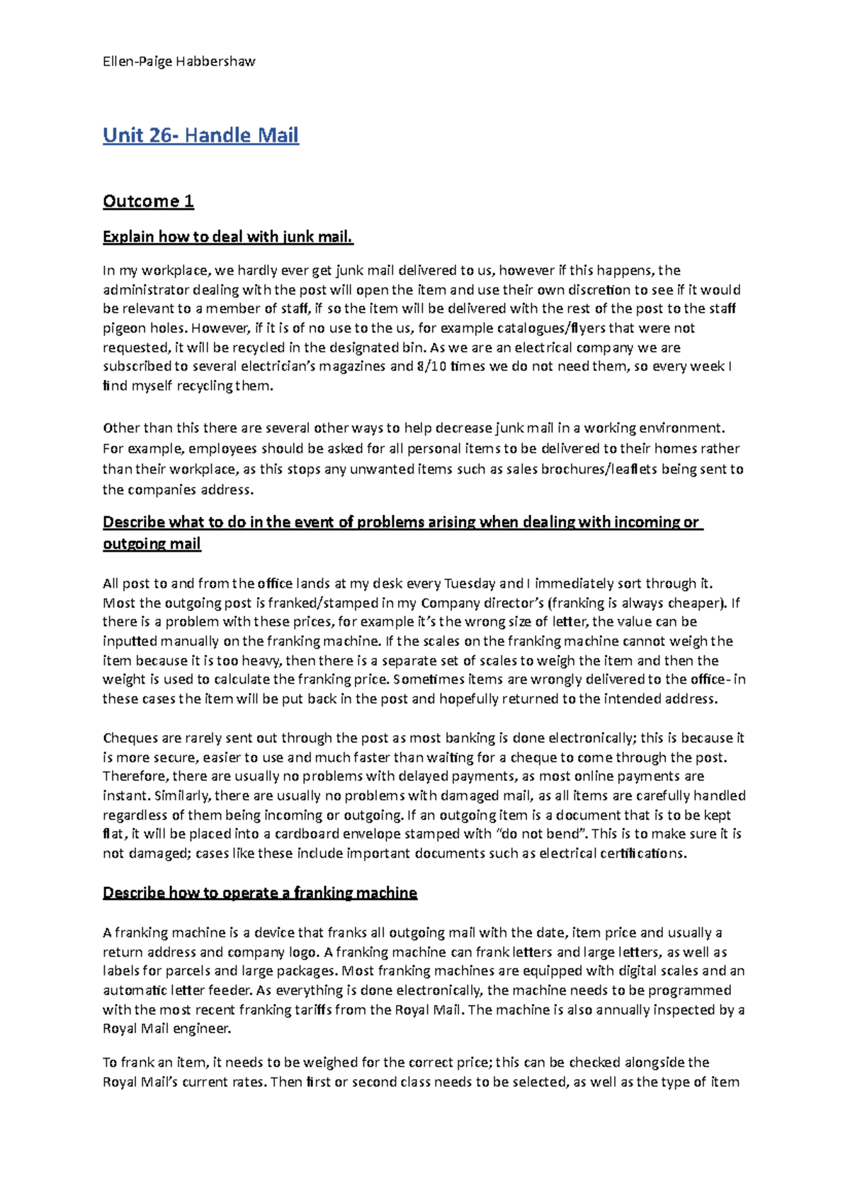 Unit 26 Mail Handling Procedures and Best Practices - Studocu