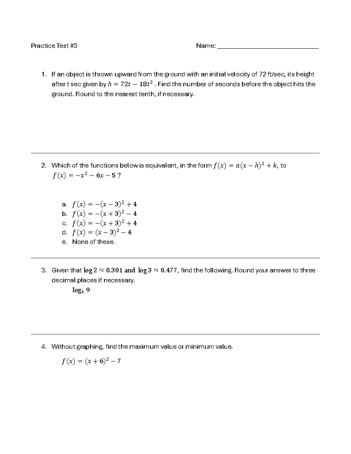 Calculus and Algebra Practice Test #3: Problem Solving Techniques - Studocu