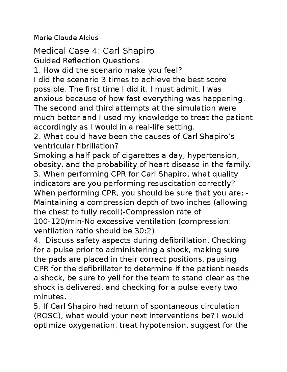 NUR 302 Medical Case 4: Carl Shapiro Guided Reflection & CPR Insights ...