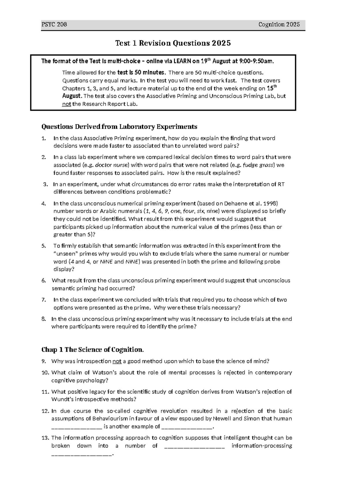 PSYC 208 Cognition Test 1 Revision Questions 2025 - Studocu