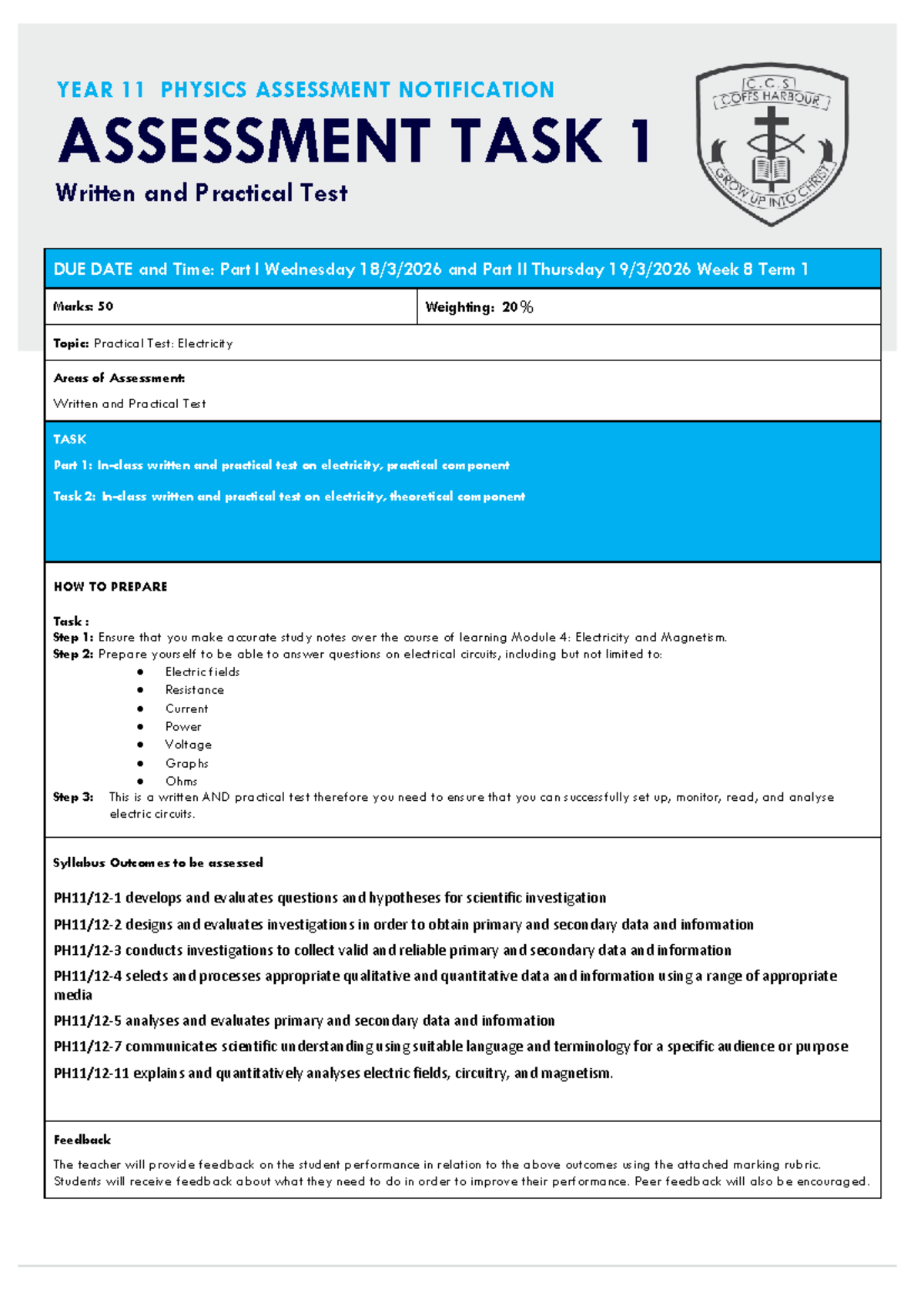Year 11 Physics Assessment Task 1: Practical Test on Electricity - Studocu