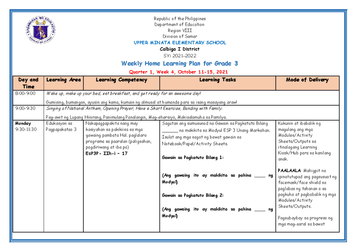 Grade 3 WHLP Q1 W4 - LUSTIVA - Weekly Home Learning Plan for Grade 3 ...