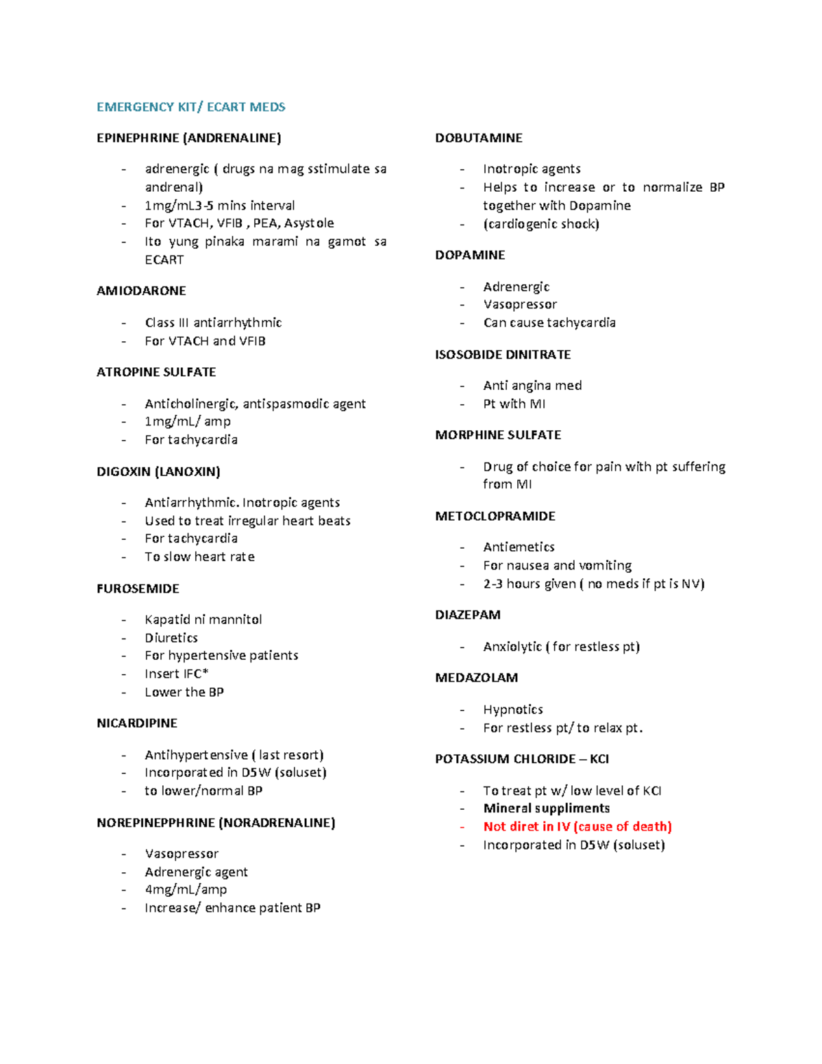 Emergency Medications Overview - KJA Emergency Kit Notes - Studocu