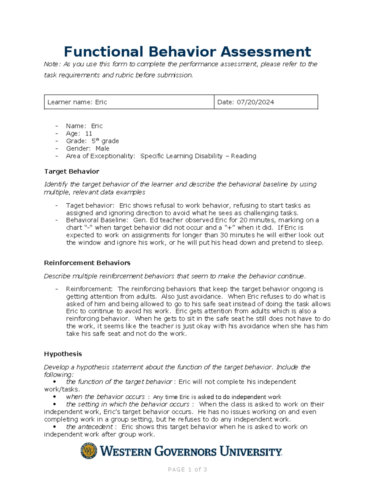 D001 Task 1 - task1 - Part 1: Functional Behavior Assessment A ...