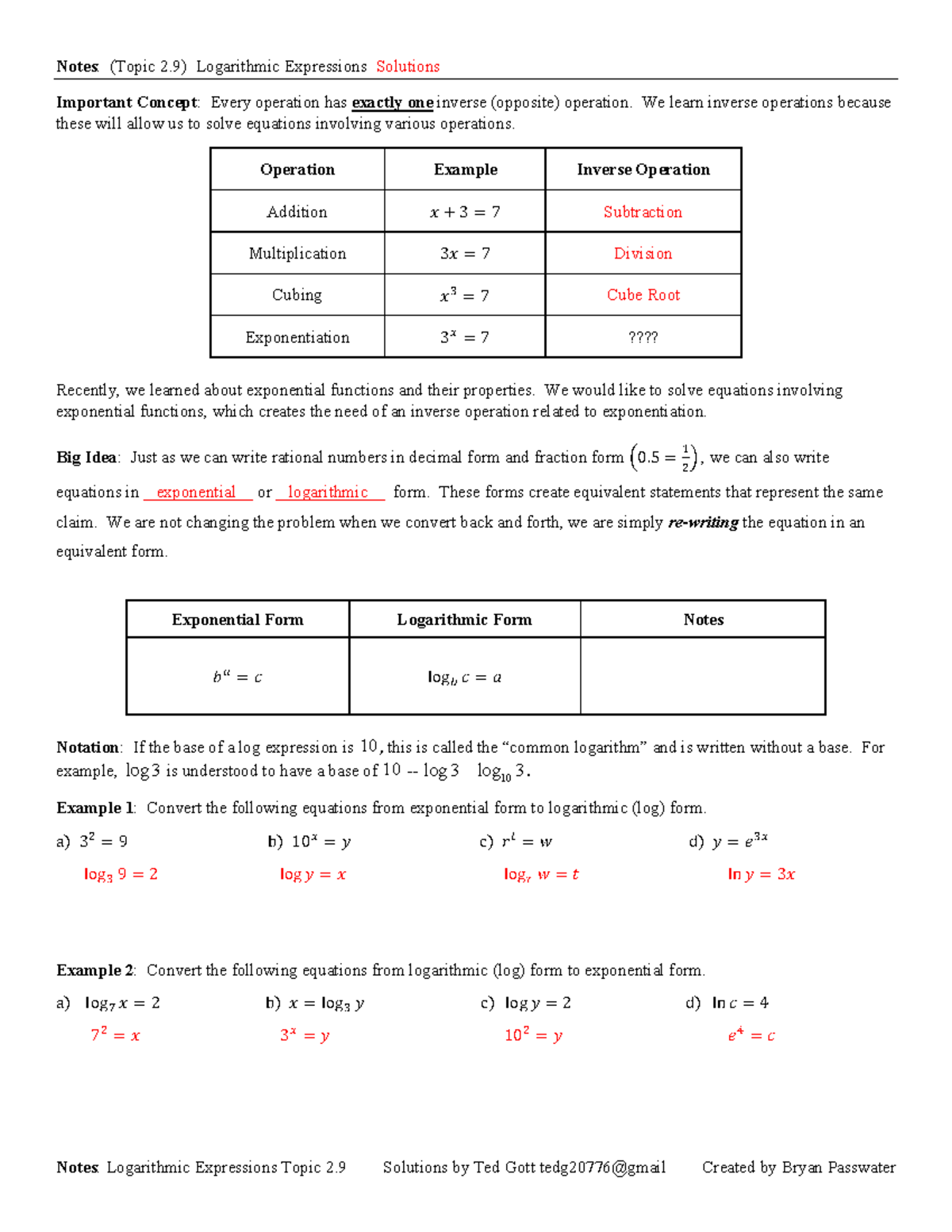 Notes for Topic 2.9: Key Concepts of Logarithmic Expressions - Studocu