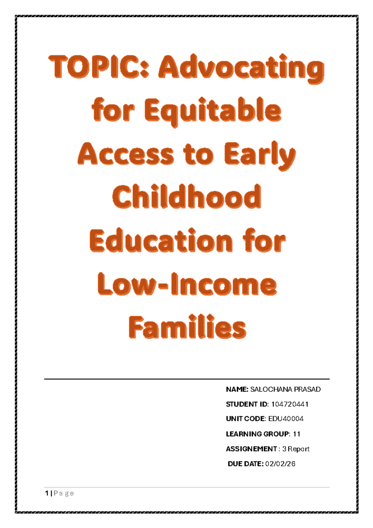 Report on Equitable Access to Early Childhood Education - EDU40004 ...