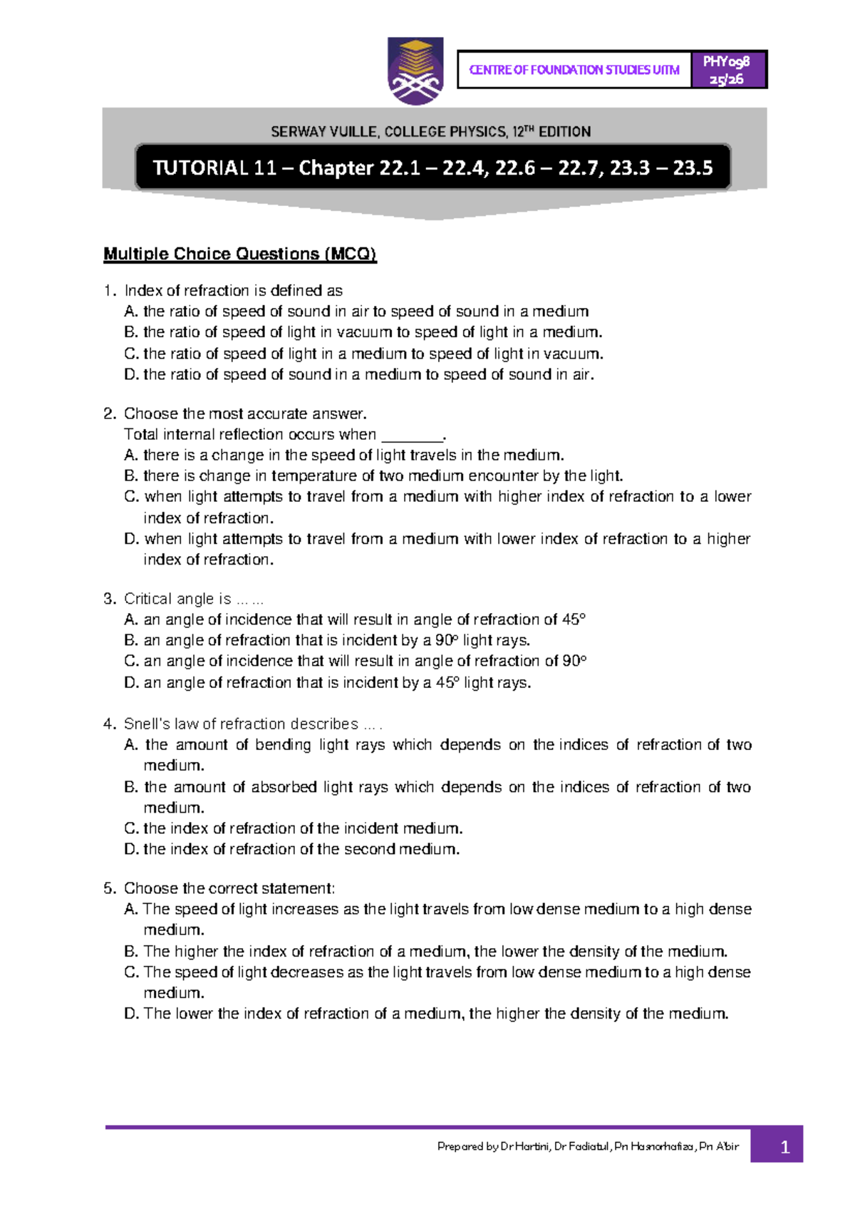 PHY098 Tutorial 11: MCQs & Structured Questions on Refraction - Studocu