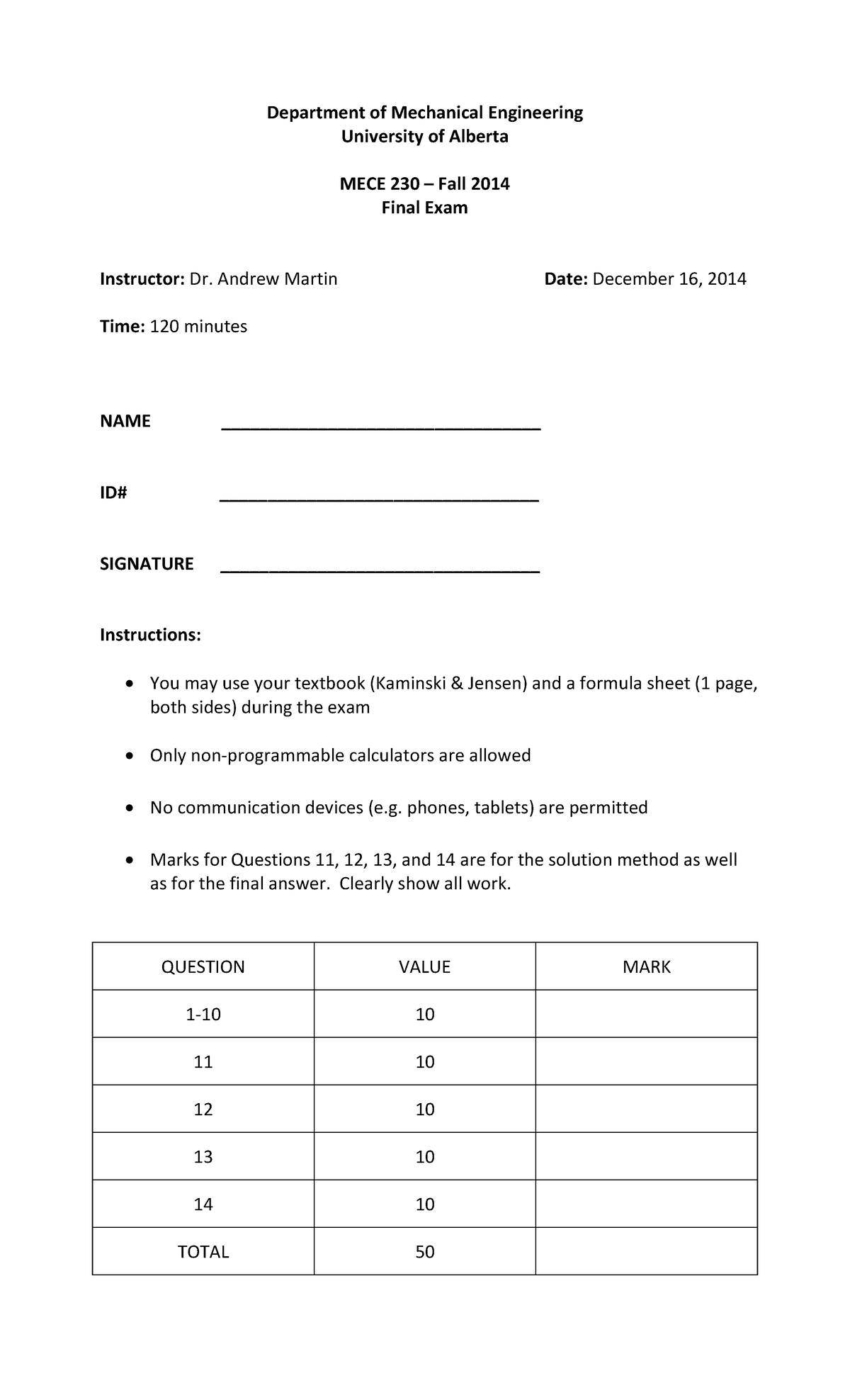 MECE 230 Fall 2014 Final Exam Study Guide - Studocu