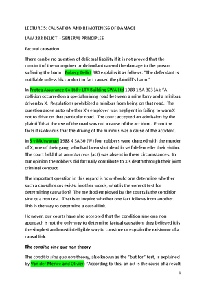 Delict- Introduction - LECTURE NOTES: LAW 232: DELICT – GENERAL ...