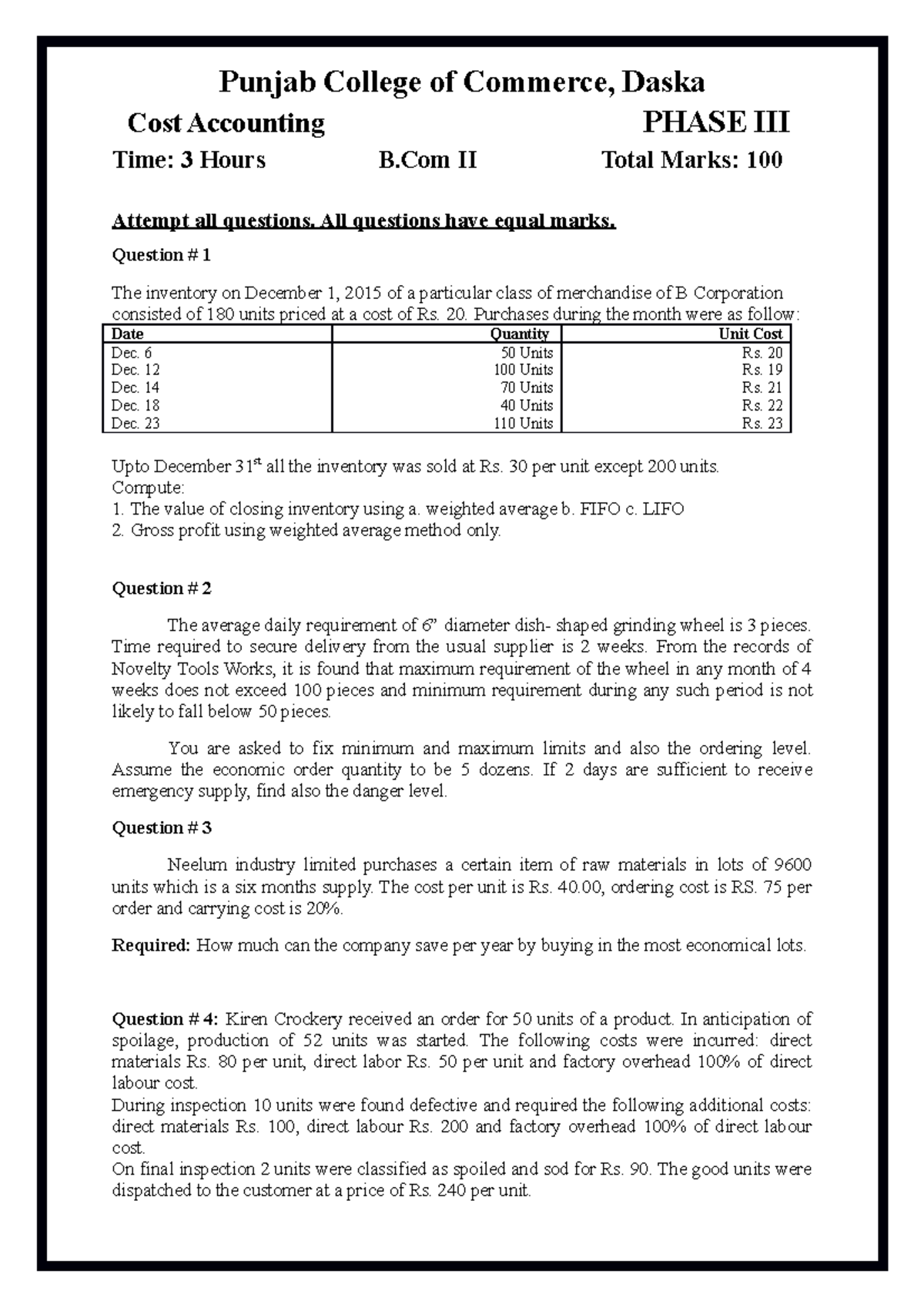 Cost Accounting III - Lecture Notes for B.Com II Students - Studocu