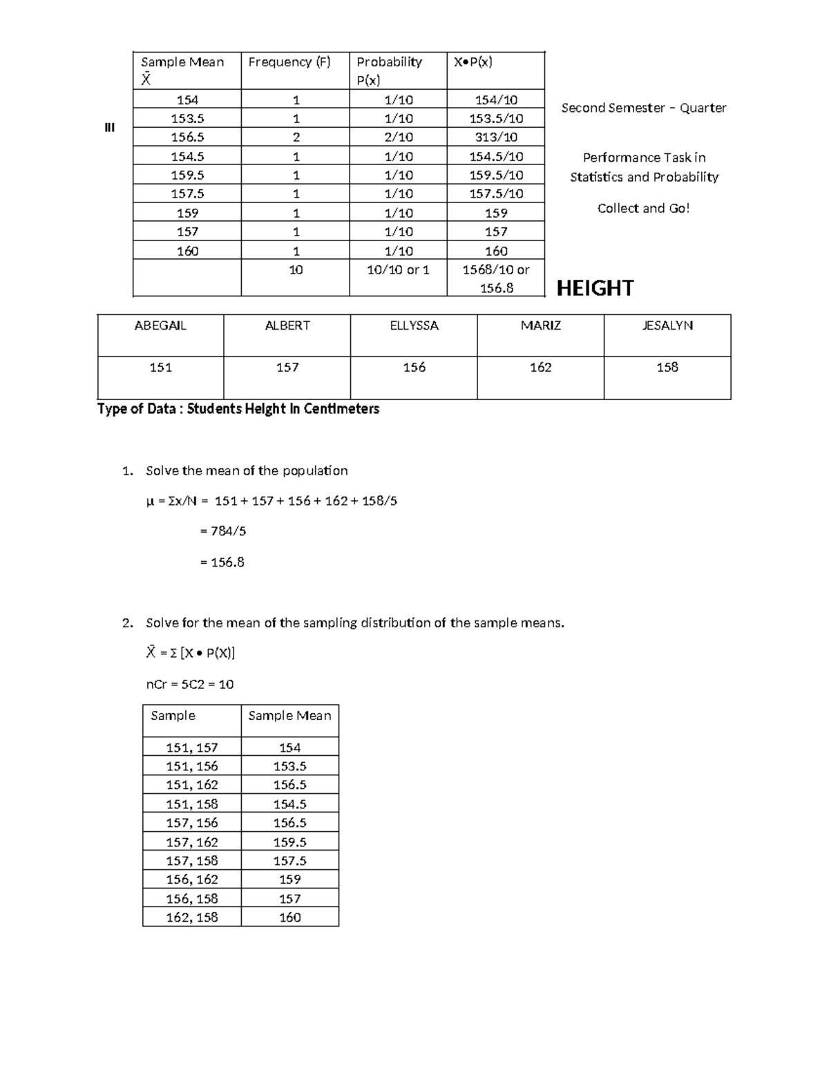 Stats PT - state - Second Semester – Quarter III Performance Task in ...