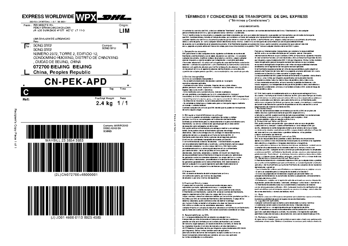 Transport Label for Shipment 23 3854 3933 - DHL Express Conditions ...