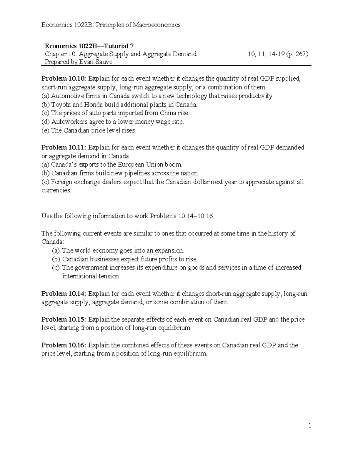 Economics 1022B: Macroeconomics Chapter 10 Notes on Supply & Demand ...